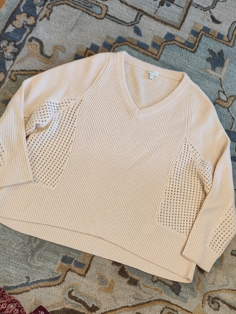 Garnet Hill Open-Knit V-Neck Sweater in Pale Pink - Picture 1 of 8